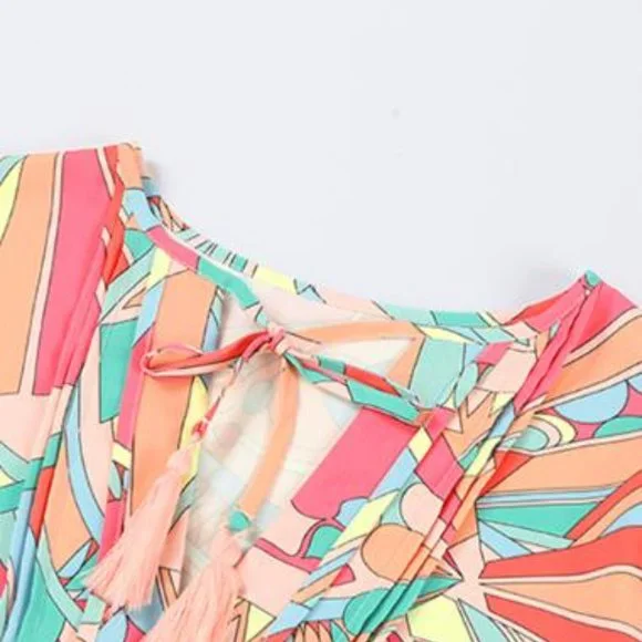 Multicolor Abstract Geometric Print Tassel Tie Flared Dress - Picture 3 of 6